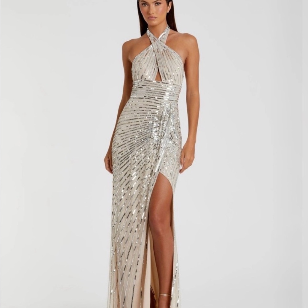 Mac Duggal Silver Sequin Prom Dress